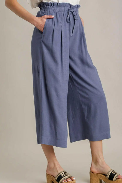 Umgee Full Size Linen Wide Fit Pants with Drawstring Plus Size.