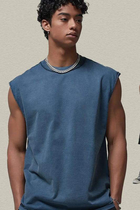 Men's Washed Round Neck Sleeveless Top.