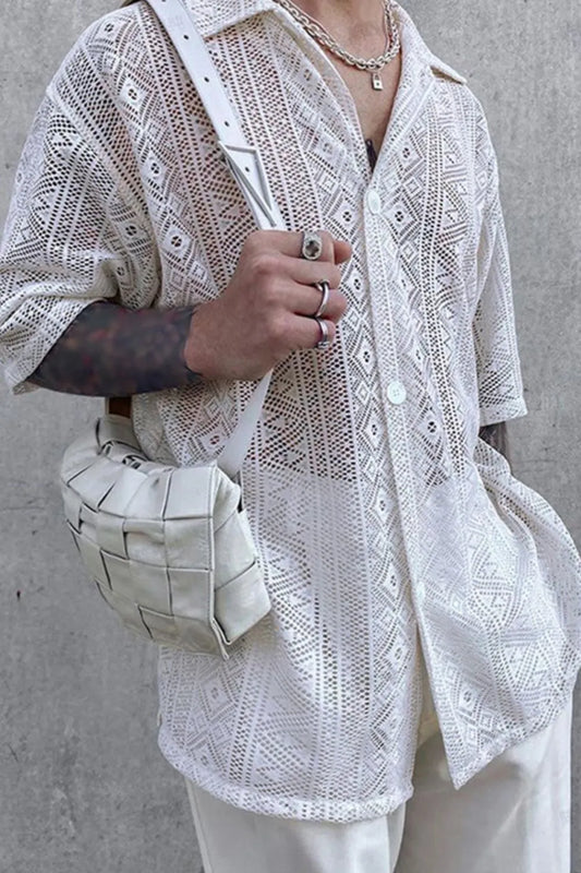 Men's Full Size Lace Half Sleeve Button Down Shirt Plus Size - Premium Men's T Shirt from Trendsi - Just $24.12! Shop now at Handbags Specialist Headquarter