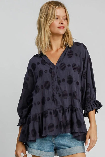 Umgee Full Size Swiss Dot Half Button Flounce Sleeve Blouse Plus Size - Premium Dresses from Trendsi - Just $53.99! Shop now at Handbags Specialist Headquarter