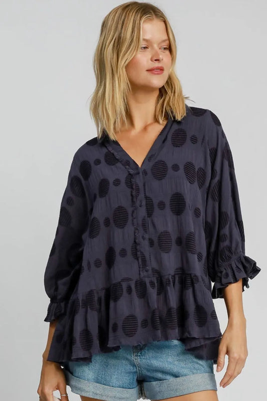 Umgee Full Size Swiss Dot Half Button Flounce Sleeve Blouse Plus Size - Premium Dresses from Trendsi - Just $53.99! Shop now at Handbags Specialist Headquarter