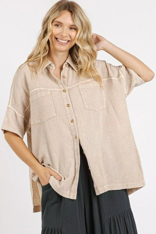 Mittoshop Mineral Wash Gauze Oversized Short Sleeve Shirt - Premium Women / Jeans & Denim from Trendsi - Just $50.74! Shop now at Handbags Specialist Headquarter