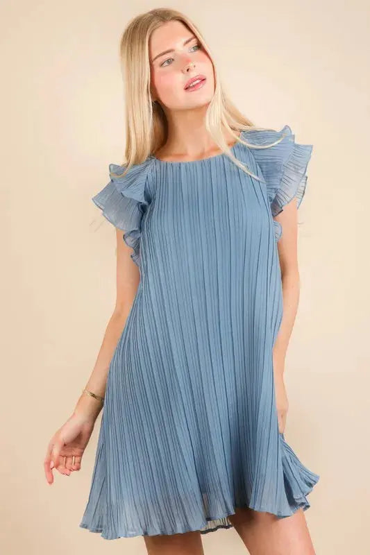VERY J Plus Size Ruffle Sleeve Pleated Woven Mini Dress.
