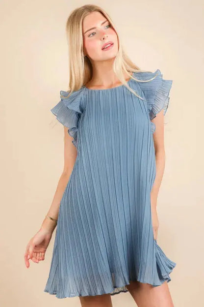VERY J Plus Size Ruffle Sleeve Pleated Woven Mini Dress.