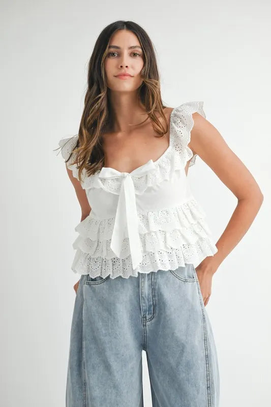 MABLE Eyelet Embroidered Front Tie Ruffle Top - Premium Women / Jeans & Denim from Trendsi - Just $53.84! Shop now at Handbags Specialist Headquarter