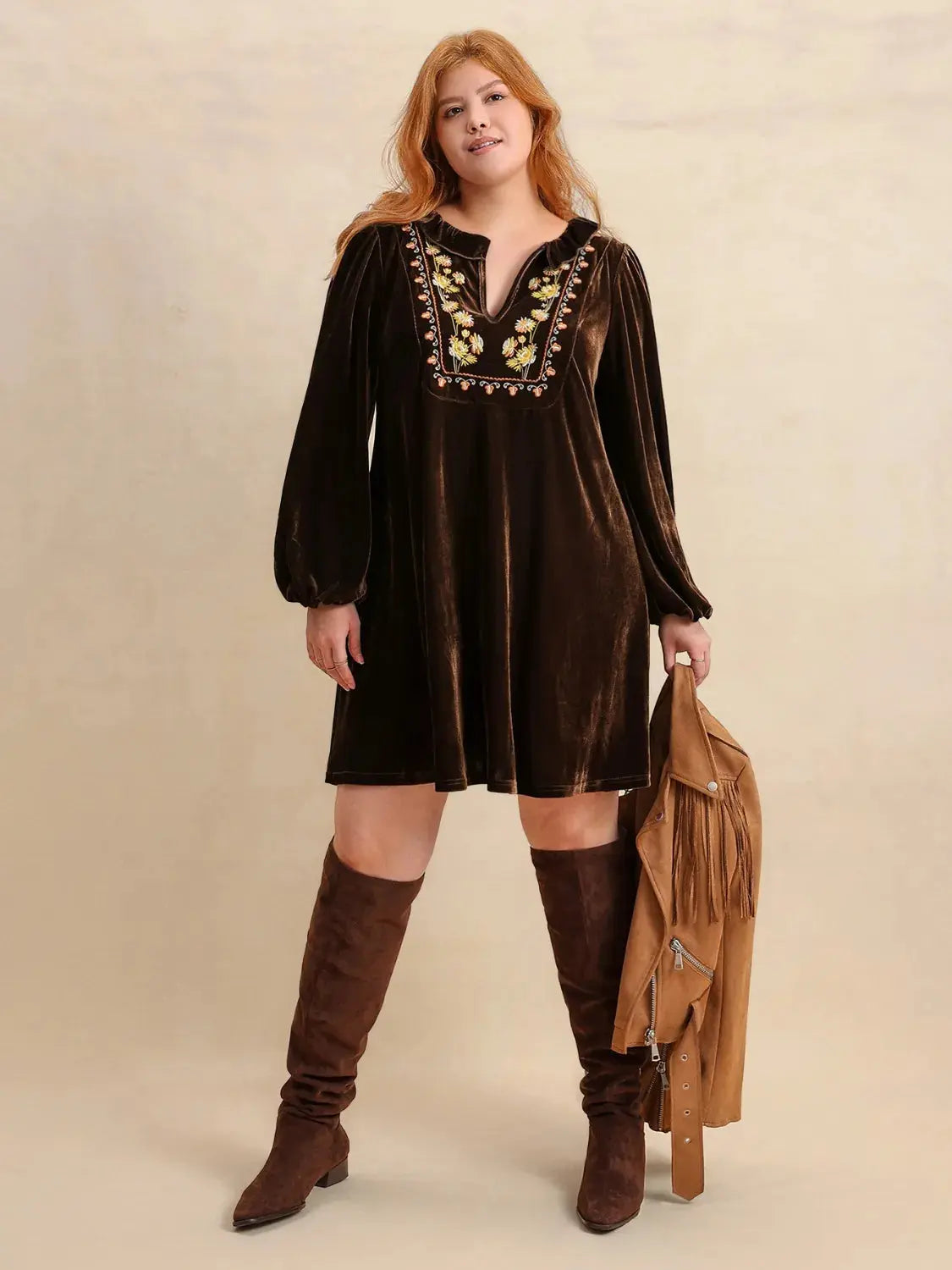 Plus Size Embroidered Notched Balloon Sleeve Mini Dress.