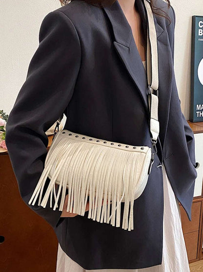 PU Leather Fringe Studded Crossbody Bag - Premium Crossbody Bag from Trendsi - Just $29.99! Shop now at Handbags Specialist Headquarter