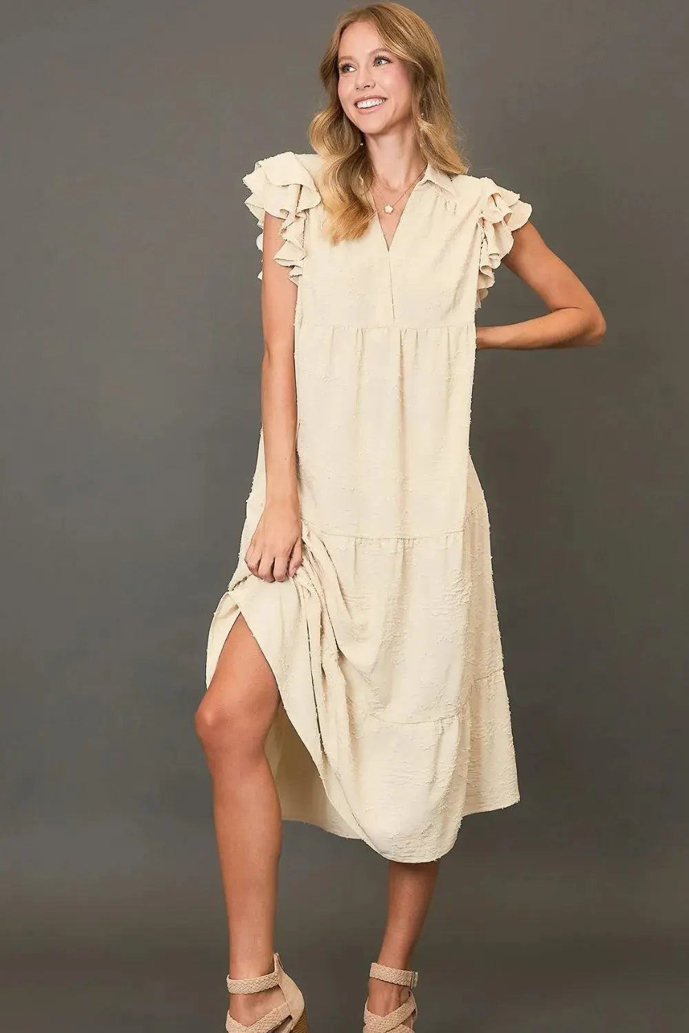 Umgee Full Size Tiered Floral Burnout Ruffle Sleeve Midi Dress Plus Size.