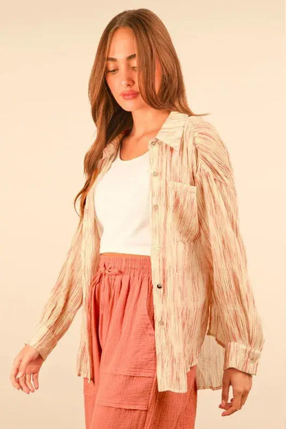 VERY J Plus Size Oversized Printed Button Up Shirt.