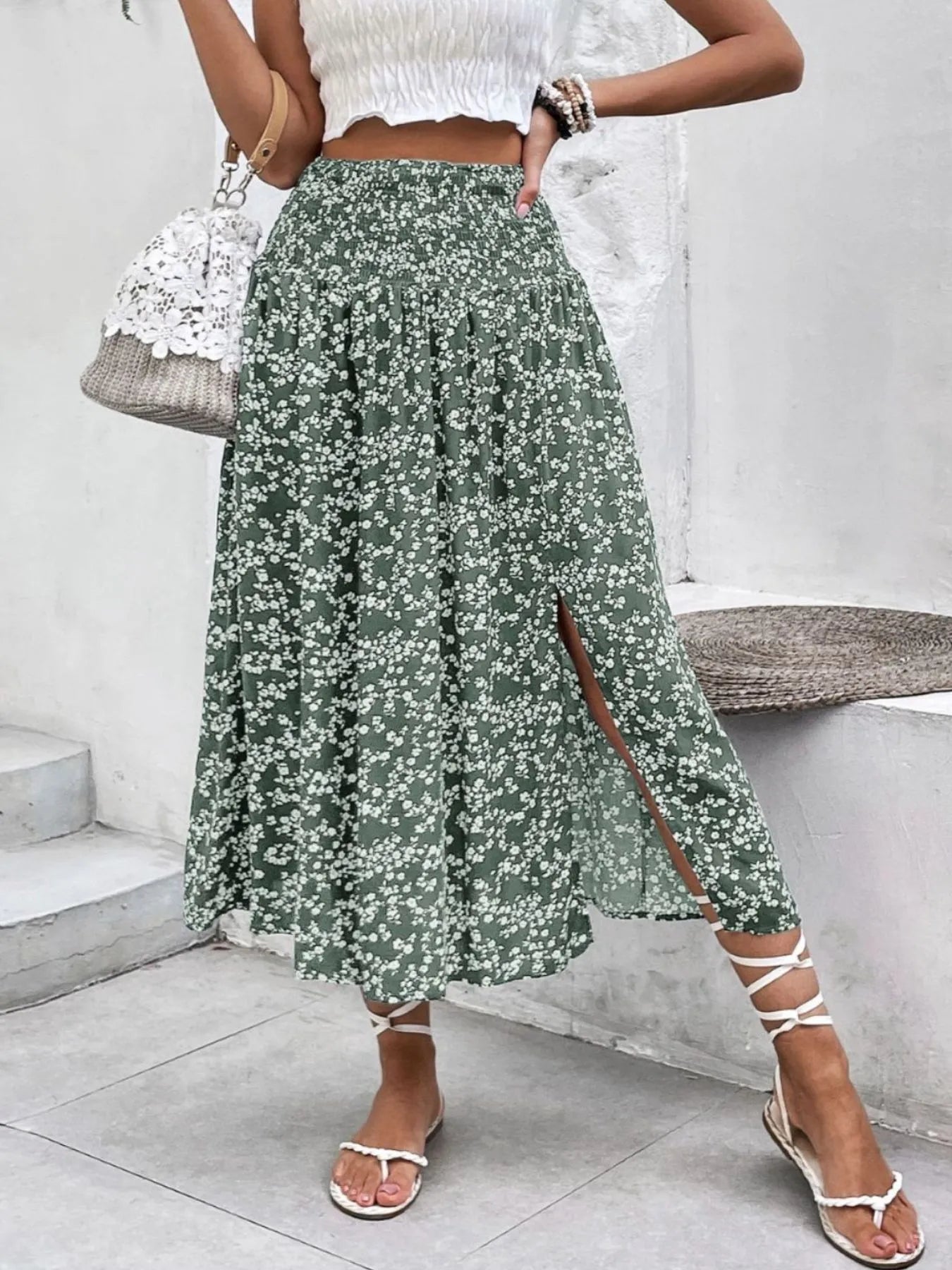 Slit Smocked Printed Skirt - Premium Skirts from Trendsi - Just $32.99! Shop now at Handbags Specialist Headquarter