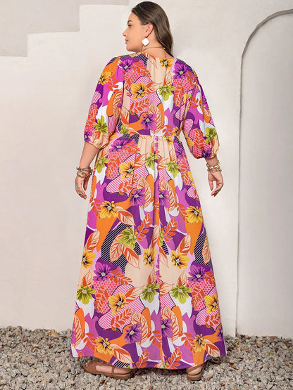 Plus Size Printed Tie Neck Maxi Dress - Premium Dresses from Trendsi - Just $46.99! Shop now at Handbags Specialist Headquarter
