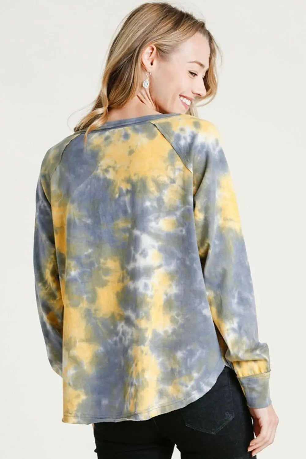 Umgee Full Size Tie Dye Button Front Long Raglan Sleeve Top Plus Size.