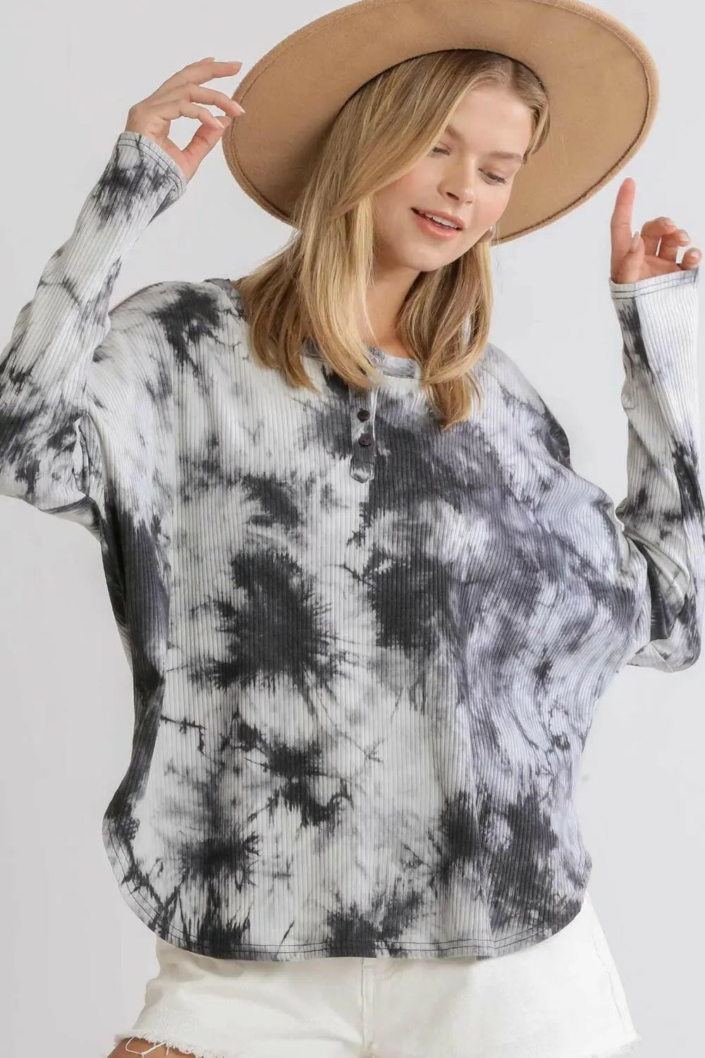 Umgee Full Size Tie Dye Round Neck Ribbed Button Front Top Plus Size.