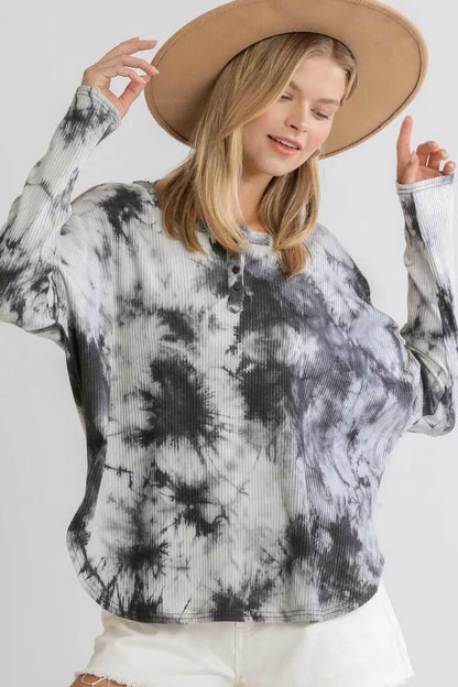 Umgee Full Size Tie Dye Round Neck Ribbed Button Front Top Plus Size.