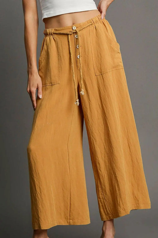 Umgee Full Size Rope Drawstring Wide Leg Pants Plus Size.