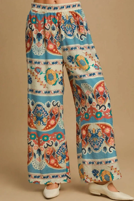 Umgee Full Size Wide Leg Border Print Pants Plus Size.