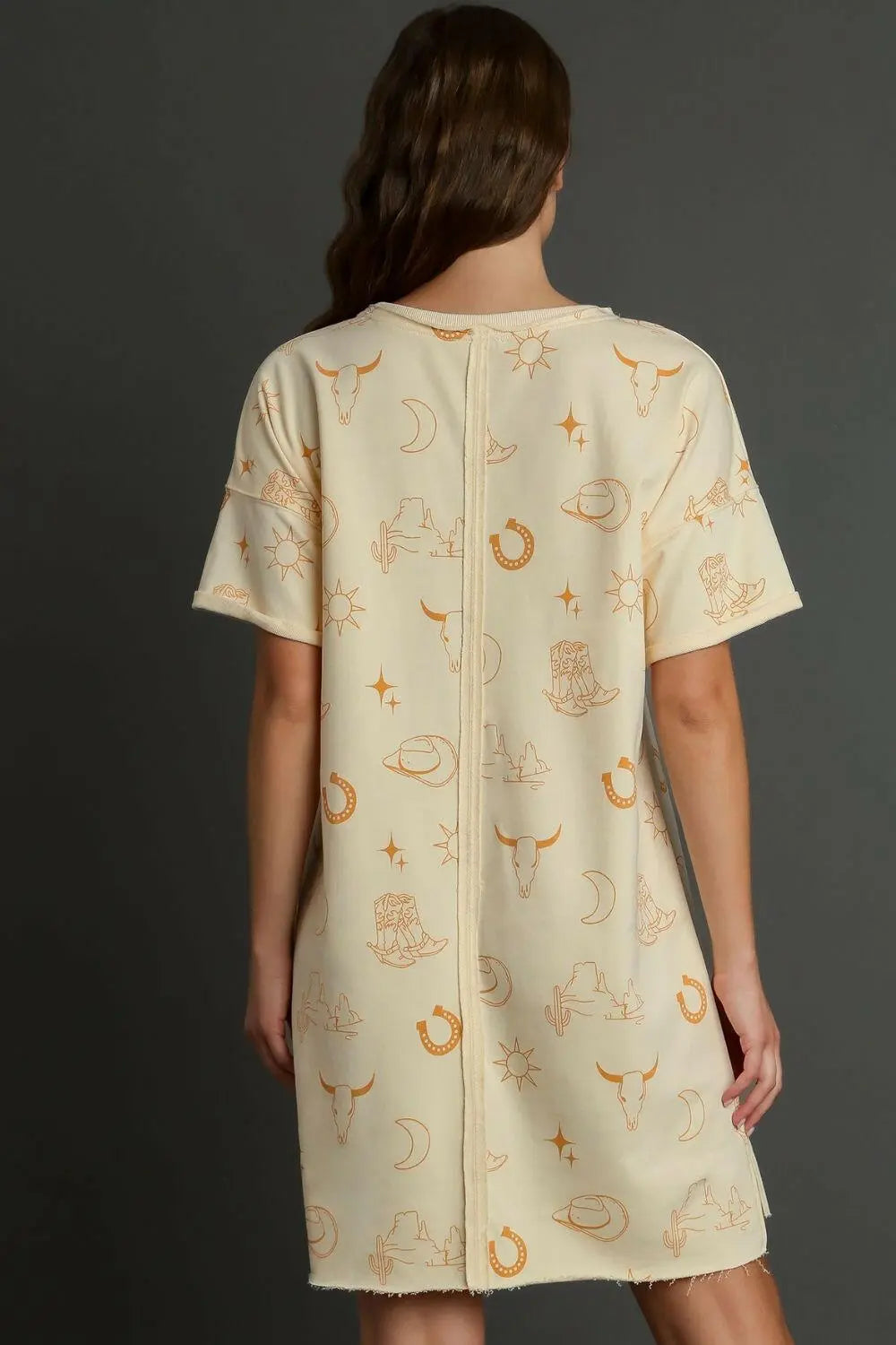 Umgee Full Size French Terry Short Sleeve Round Neck Dress Plus Size.
