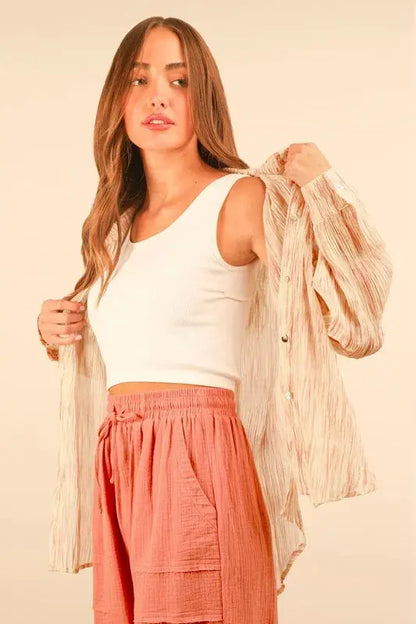 VERY J Plus Size Oversized Printed Button Up Shirt.