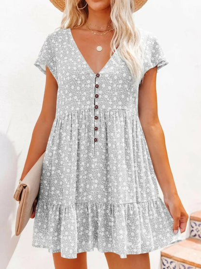 Full Size Floral V-Neck Flutter Sleeve Mini Dress Plus Size.