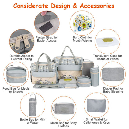 11Pcs Baby Nappy Diaper Bags Set for Mom Dad Mummy Shoulder Bags Multifunctional Diaper Handbags with Food Bag Bottle Bag Diaper Pad Burp Cloth 2 Hook Straps - Premium Diaper Bags Set from Doba - Just $112.54! Shop now at Handbags Specialist Headquarter