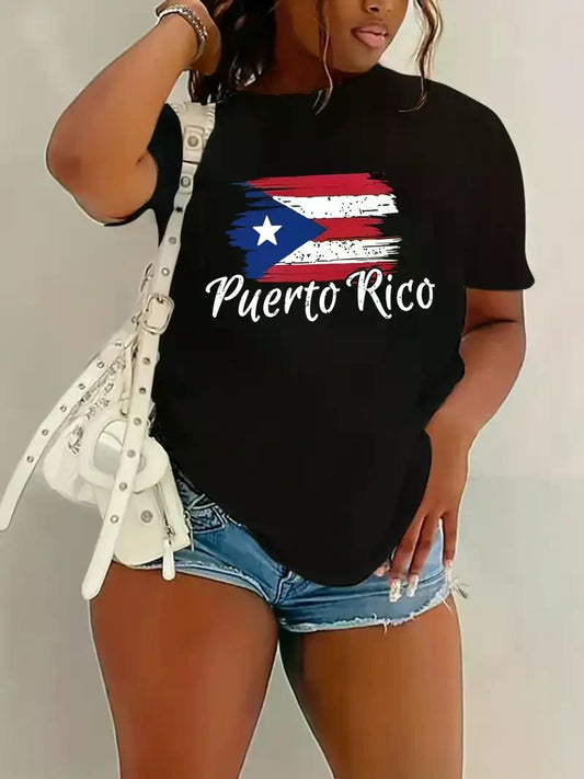 1pc Plus Size Women's Puerto Rico Flag Graphic T-Shirt - 100% Mid-Stretch Knit Crew Neck Tee, Lightweight 180gsm Casual Short Sleeve Top - Premium Women's T Shirt from Doba - Just $31.60! Shop now at Handbags Specialist Headquarter