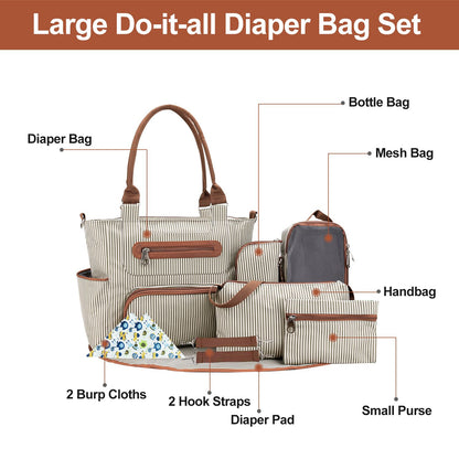 8Pcs Baby Nappy Diaper Bags Set for Mom Dad Mummy Handbags Multifunctional Diaper Changing Bags with Bottle Bag Mesh Bag Purse Diaper Pad 2 Burp Cloths 2 Hook Straps - Premium Diaper Bags Set from Doba - Just $85.80! Shop now at Handbags Specialist Headquarter