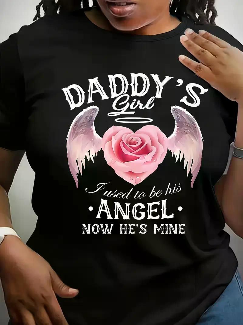 Plus Size Casual T-Shirt with Angel & Heart Print - Crew Neck, Stretchy Polyester Blend, Machine Washable - Women's Fashion, Letter Elements, Dad - Premium Women Plus Size from Doba - Just $31.60! Shop now at Handbags Specialist Headquarter
