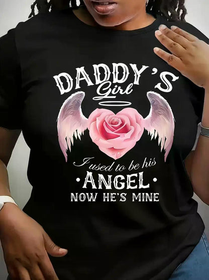 Plus Size Casual T-Shirt with Angel & Heart Print - Crew Neck, Stretchy Polyester Blend, Machine Washable - Women's Fashion, Letter Elements, Dad - Premium Women Plus Size from Doba - Just $31.60! Shop now at Handbags Specialist Headquarter