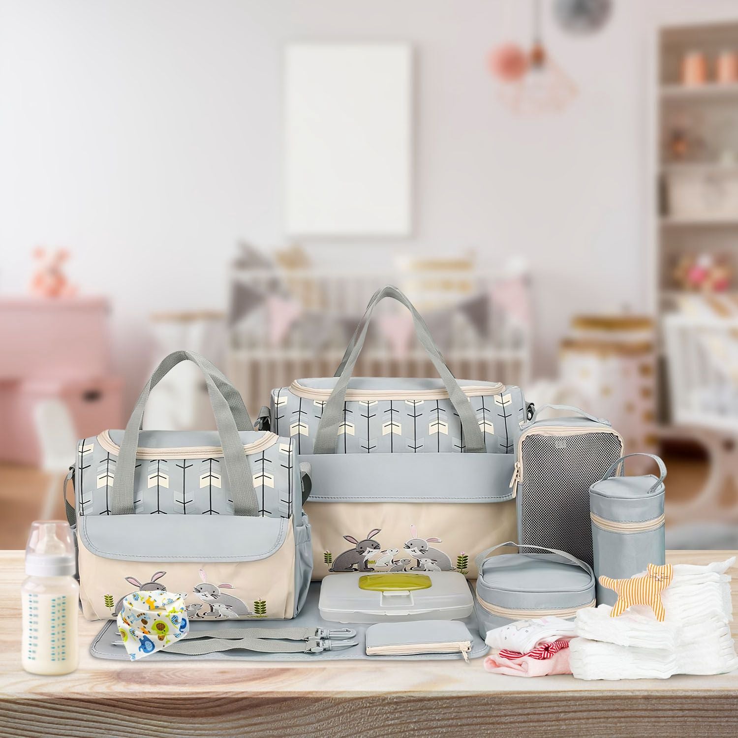 11Pcs Baby Nappy Diaper Bags Set for Mom Dad Mummy Shoulder Bags Multifunctional Diaper Handbags with Food Bag Bottle Bag Diaper Pad Burp Cloth 2 Hook Straps - Premium Diaper Bags Set from Doba - Just $112.54! Shop now at Handbags Specialist Headquarter