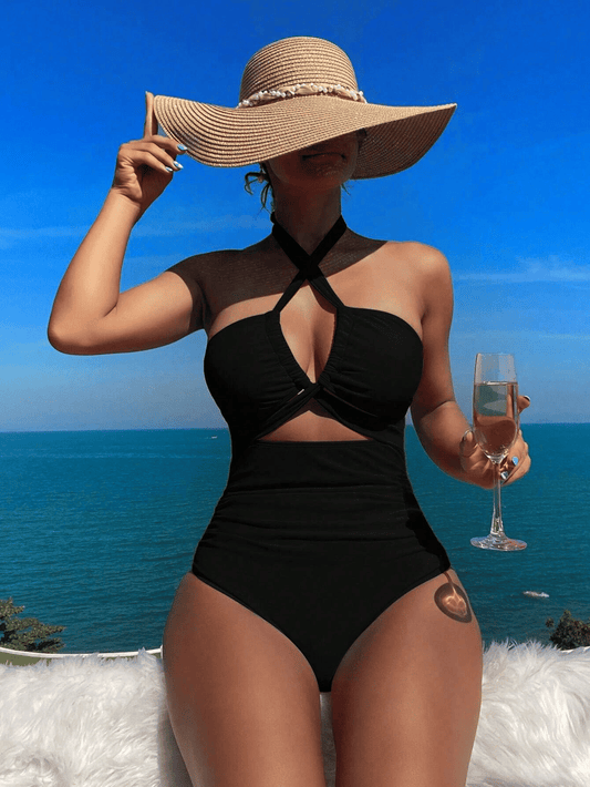 Ladies' cross pleated sexy hanging neck and exposed waist one-piece bikini swimsuit - Premium Swimsuit Set from Doba - Just $29.28! Shop now at Handbags Specialist Headquarter