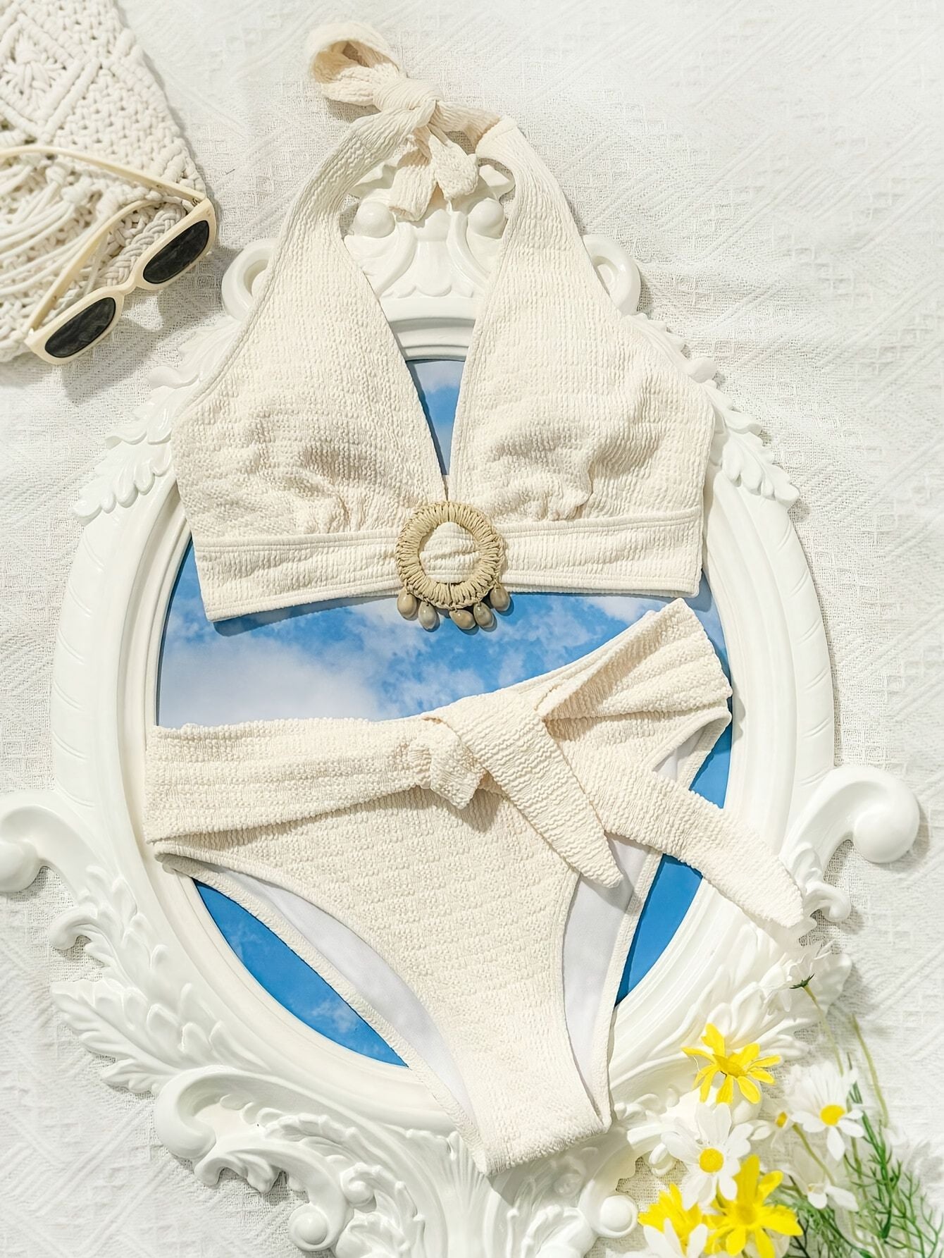 Ladies' white split beach bikini swimwear with shell embellishment, elegant and sexy - Premium Swimsuit Set from Doba - Just $29.28! Shop now at Handbags Specialist Headquarter