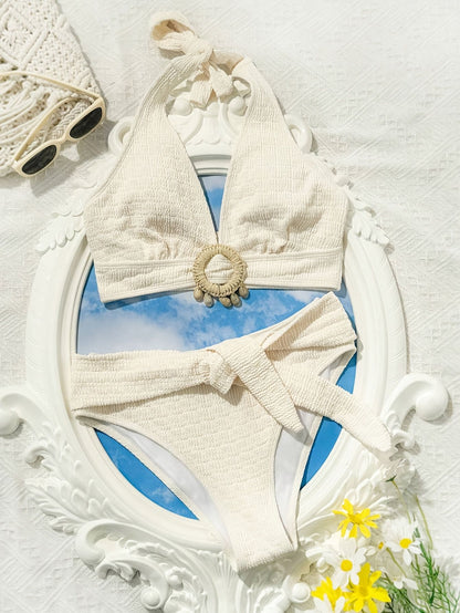 Ladies' white split beach bikini swimwear with shell embellishment, elegant and sexy - Premium Swimsuit Set from Doba - Just $29.28! Shop now at Handbags Specialist Headquarter
