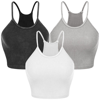 3 Pack Women Crop Basic Tank Top Ribbed Knit Sleeveless Round Neck 9 Color Machine Wash Summer Crop S to XL - Premium Tops from Doba - Just $55.80! Shop now at Handbags Specialist Headquarter