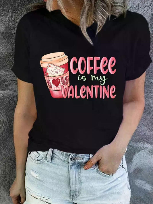 Plus Size Women's "Coffee Is My Valentine" Graphic T-Shirt – Soft Knit, Stylish Short Sleeve Crew Neck Top, Casual Regular Fit, Black with Colorful Coffee Cup Design - Premium Women Plus Size from Doba - Just $31.60! Shop now at Handbags Specialist Headquarter