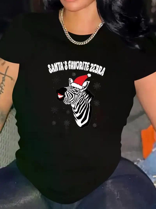 Plus Size Women'S Christmas Zebra Graphic T-Shirt, Relaxed Breathable Crew Neck T-Shirt, Short Sleeves, Regular Length, Jersey - Premium Women's T Shirt from Doba - Just $31.60! Shop now at Handbags Specialist Headquarter
