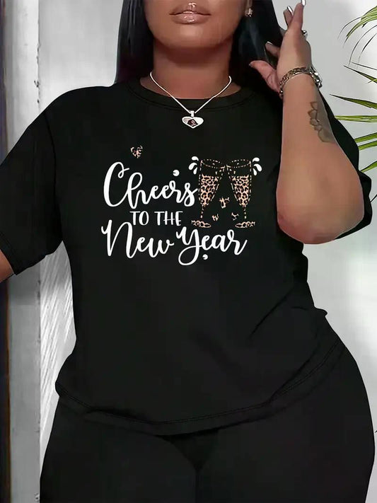 Plus Size Women's Casual T-Shirt - "Cheers to the New Year" Wine Glass & Letter Print, Short Sleeve Crew Neck, Breathable Rayon Blend - Premium Women's T Shirt from Doba - Just $31.60! Shop now at Handbags Specialist Headquarter
