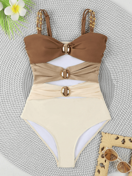 Women's one-piece patchwork color camisole swimsuit metal design - Premium Swimsuit Set from Doba - Just $29.98! Shop now at Handbags Specialist Headquarter