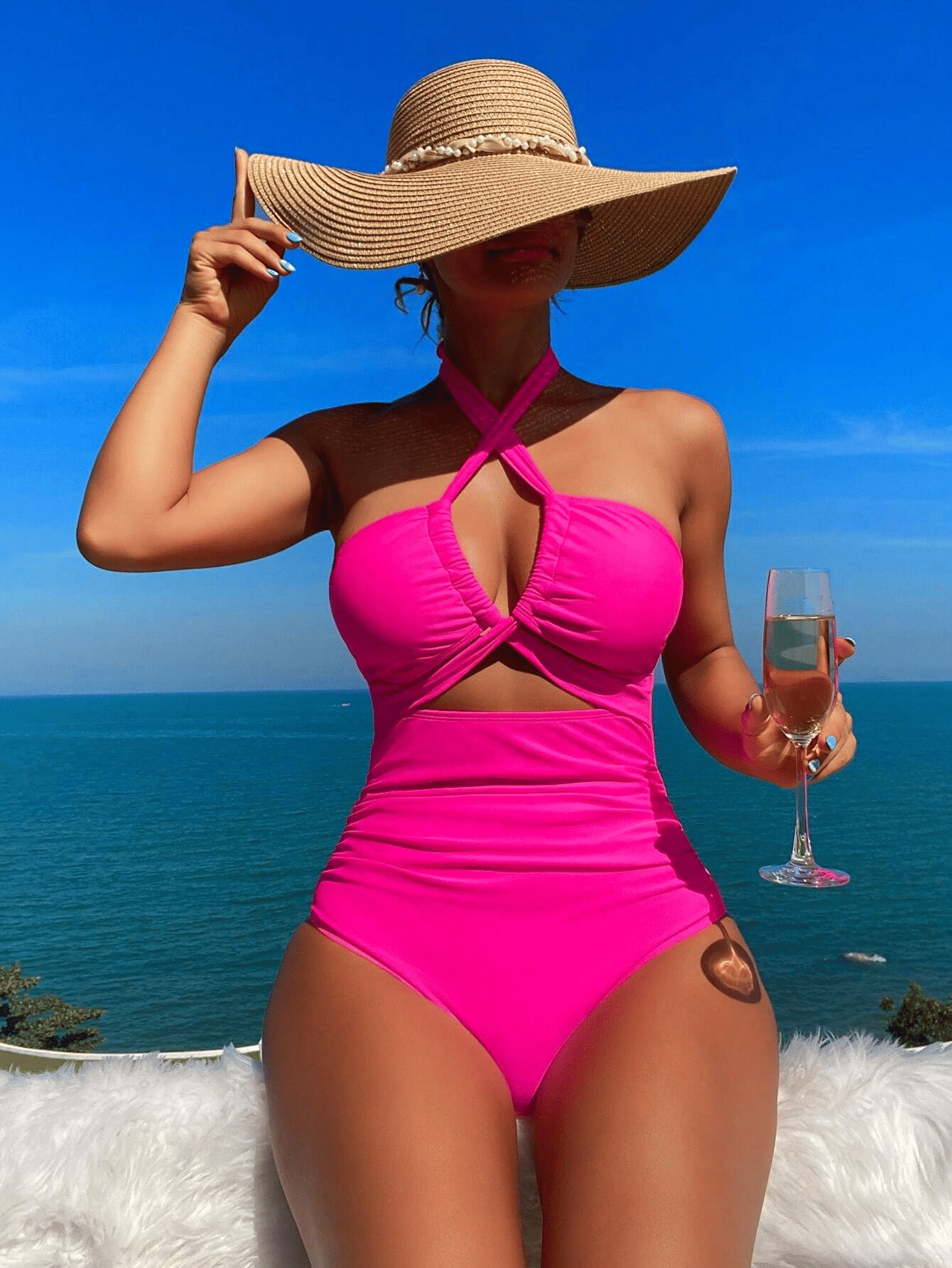 Ladies' cross pleated sexy hanging neck and exposed waist one-piece bikini swimsuit - Premium Swimsuit Set from Doba - Just $29.28! Shop now at Handbags Specialist Headquarter