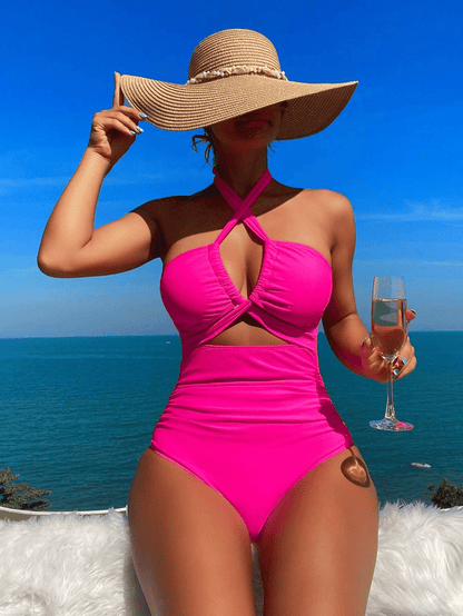 Ladies' cross pleated sexy hanging neck and exposed waist one-piece bikini swimsuit - Premium Swimsuit Set from Doba - Just $29.28! Shop now at Handbags Specialist Headquarter