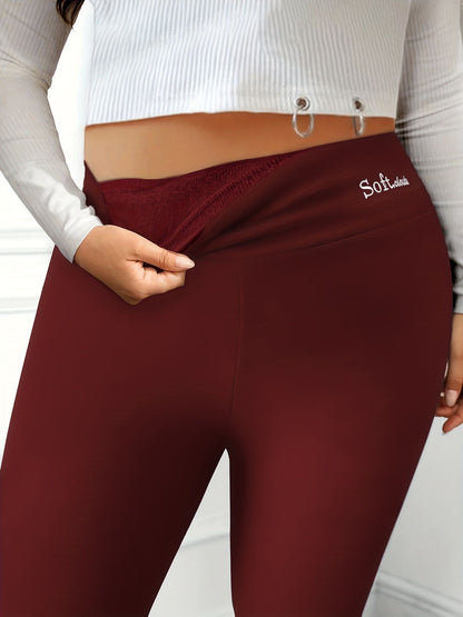 Plus Size Casual Leggings, Women's Plus Letter Print Liner Fleece High Rise Slight Stretch Leggings - Premium Women Plus Size from Doba - Just $29.50! Shop now at Handbags Specialist Headquarter