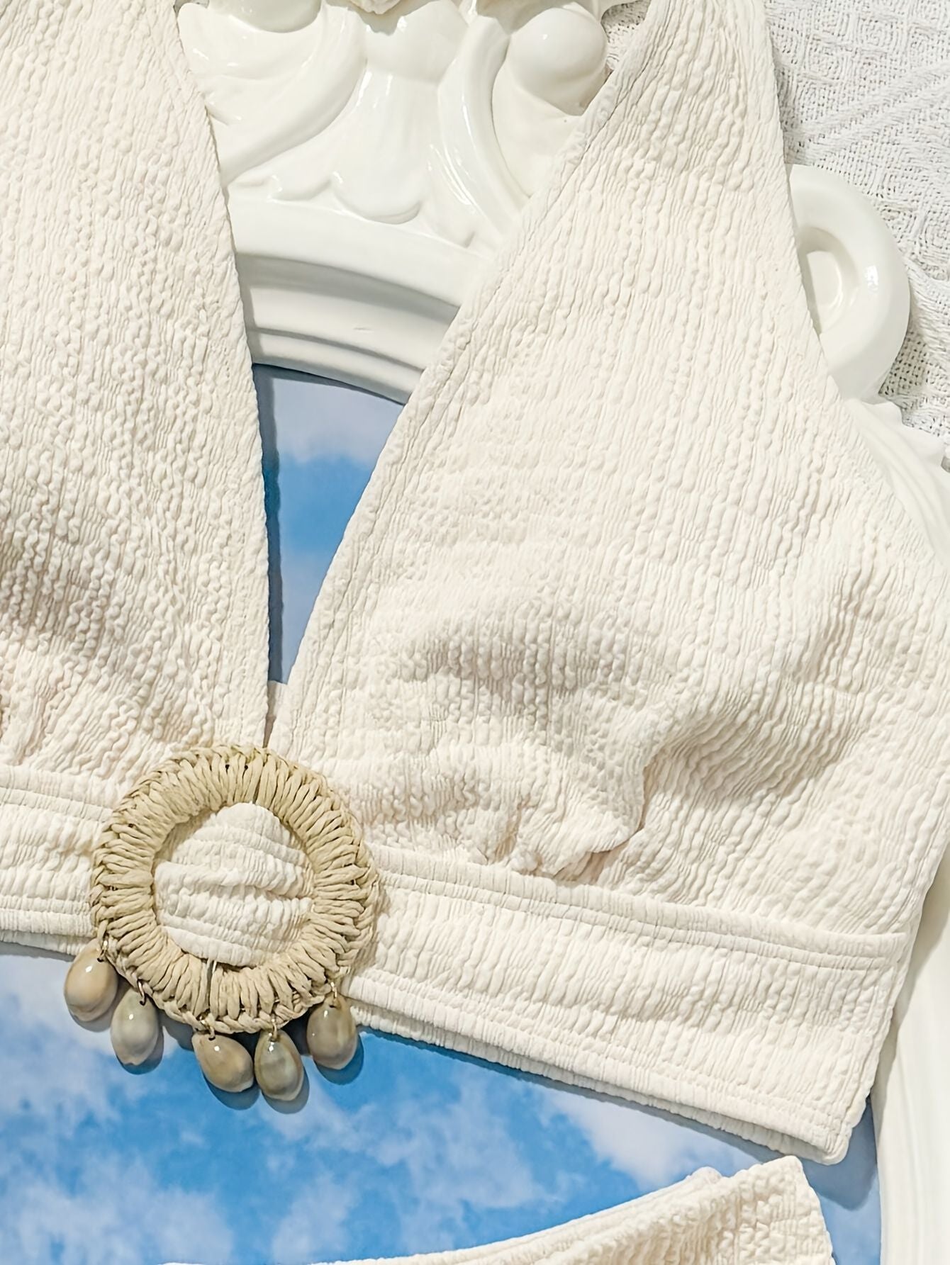 Ladies' white split beach bikini swimwear with shell embellishment, elegant and sexy - Premium Swimsuit Set from Doba - Just $29.28! Shop now at Handbags Specialist Headquarter