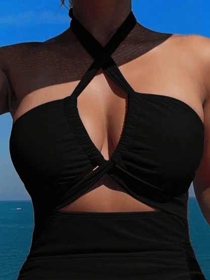 Ladies' cross pleated sexy hanging neck and exposed waist one-piece bikini swimsuit - Premium Swimsuit Set from Doba - Just $29.28! Shop now at Handbags Specialist Headquarter