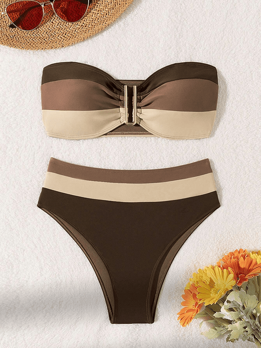 Women's two-piece coffee colored bikini swimsuit strapless fashion quick drying - Premium Swimsuit Set from Doba - Just $28.98! Shop now at Handbags Specialist Headquarter