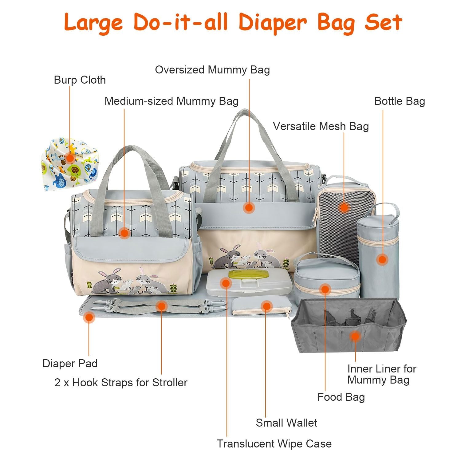 11Pcs Baby Nappy Diaper Bags Set for Mom Dad Mummy Shoulder Bags Multifunctional Diaper Handbags with Food Bag Bottle Bag Diaper Pad Burp Cloth 2 Hook Straps - Premium Diaper Bags Set from Doba - Just $112.54! Shop now at Handbags Specialist Headquarter