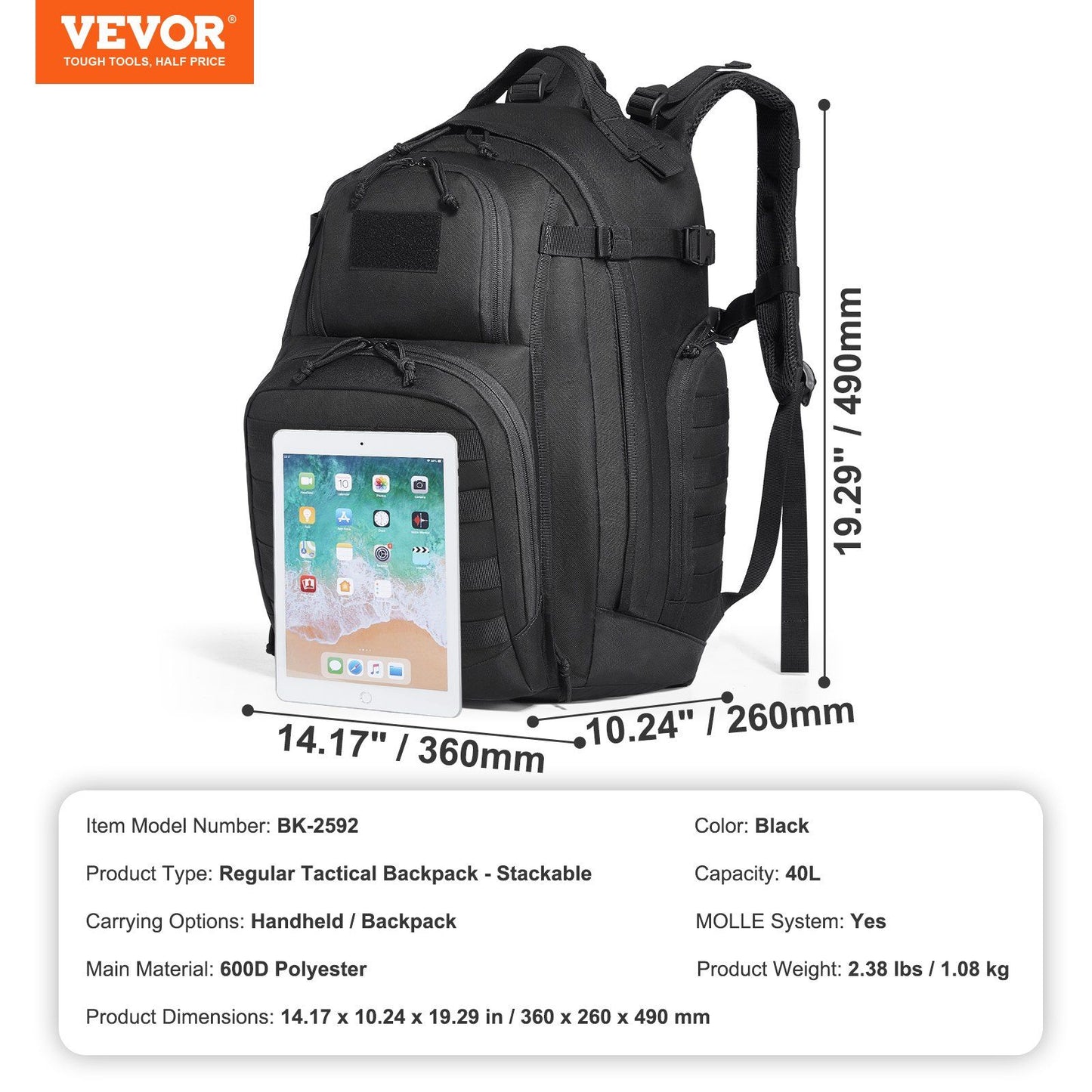 Vevor Tactical Backpack 40L Military Backpack with Molle Mode & Sponge Pad Army Assault Pack Bug Out Bag Camping Trekking Outdoor Rucksack Daily EDC Backpack, Black - Premium Backpack from Doba - Just $71.25! Shop now at Handbags Specialist Headquarter