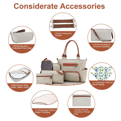 8Pcs Baby Nappy Diaper Bags Set for Mom Dad Mummy Handbags Multifunctional Diaper Changing Bags with Bottle Bag Mesh Bag Purse Diaper Pad 2 Burp Cloths 2 Hook Straps - Premium Diaper Bags Set from Doba - Just $85.80! Shop now at Handbags Specialist Headquarter
