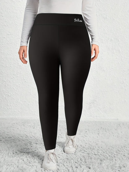 Plus Size Casual Leggings, Women's Plus Letter Print Liner Fleece High Rise Slight Stretch Leggings - Premium Women Plus Size from Doba - Just $29.50! Shop now at Handbags Specialist Headquarter