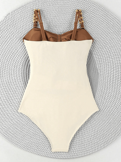 Women's one-piece patchwork color camisole swimsuit metal design - Premium Swimsuit Set from Doba - Just $29.98! Shop now at Handbags Specialist Headquarter