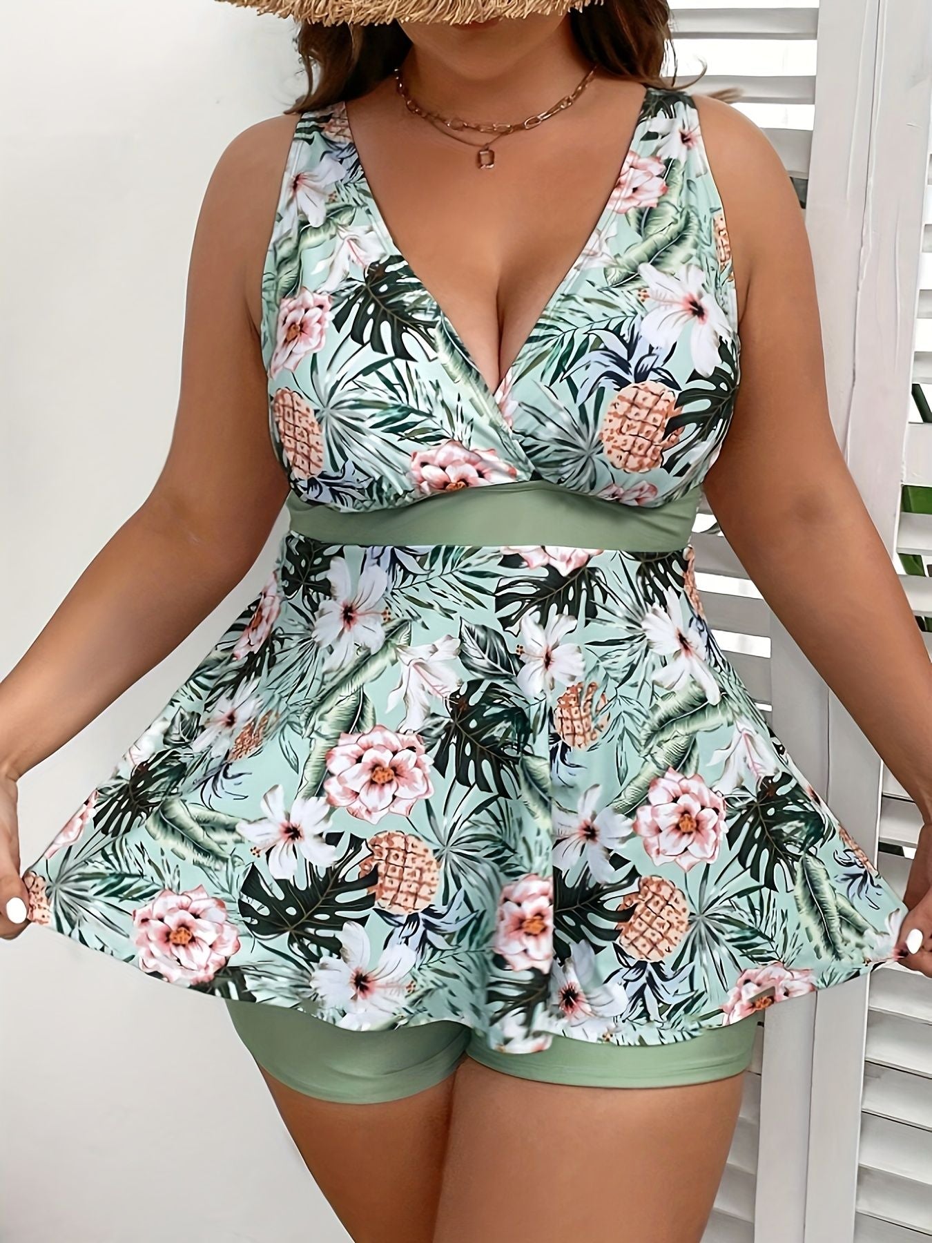 Large size women's swimsuit, green, fresh and fashionable split type Tankini swimsuit - Premium Swimsuit Set from Doba - Just $33.98! Shop now at Handbags Specialist Headquarter