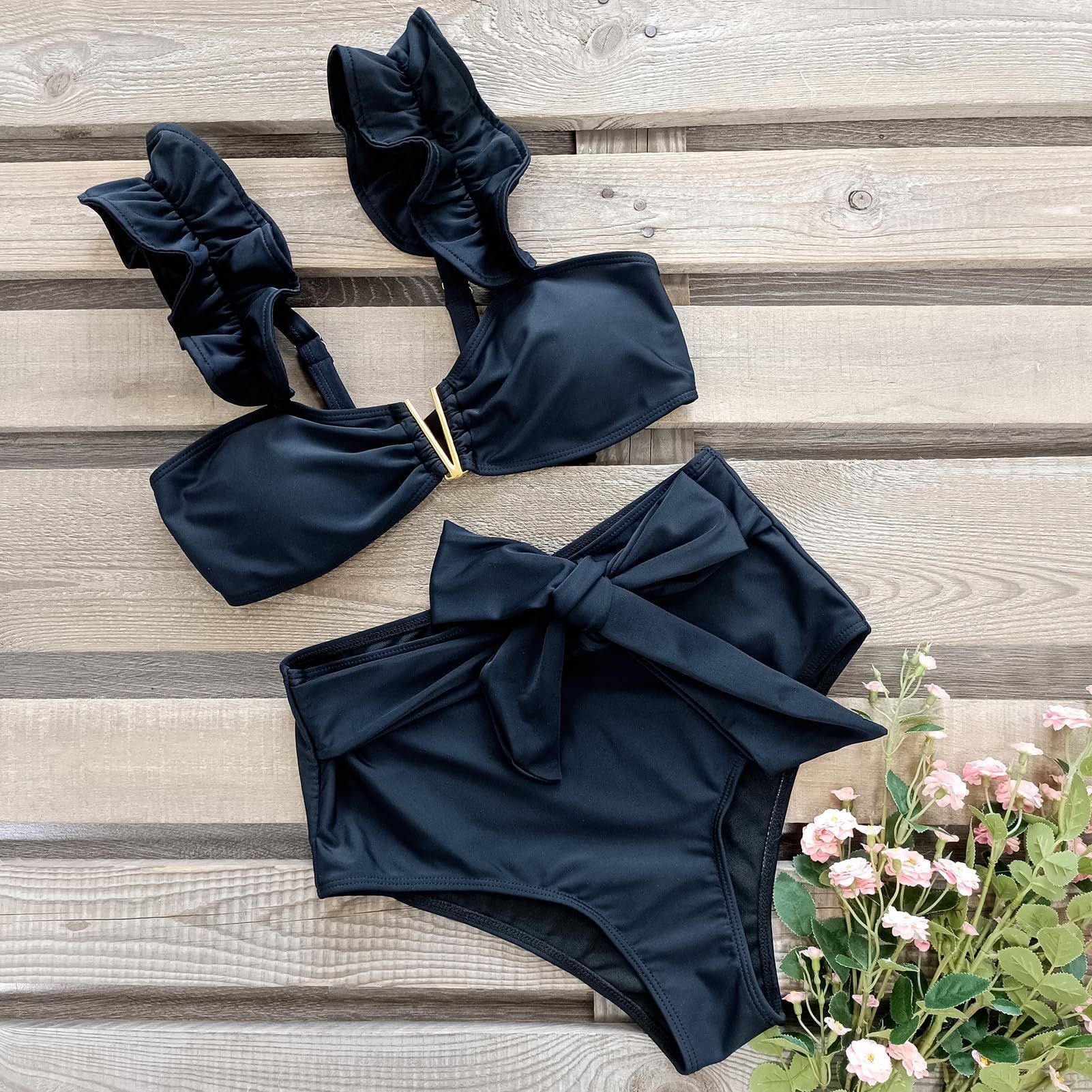 Ladies' split ruffle edge solid color high waist sexy bikini swimsuit looks slim - Premium Swimsuit Set from Doba - Just $30.08! Shop now at Handbags Specialist Headquarter